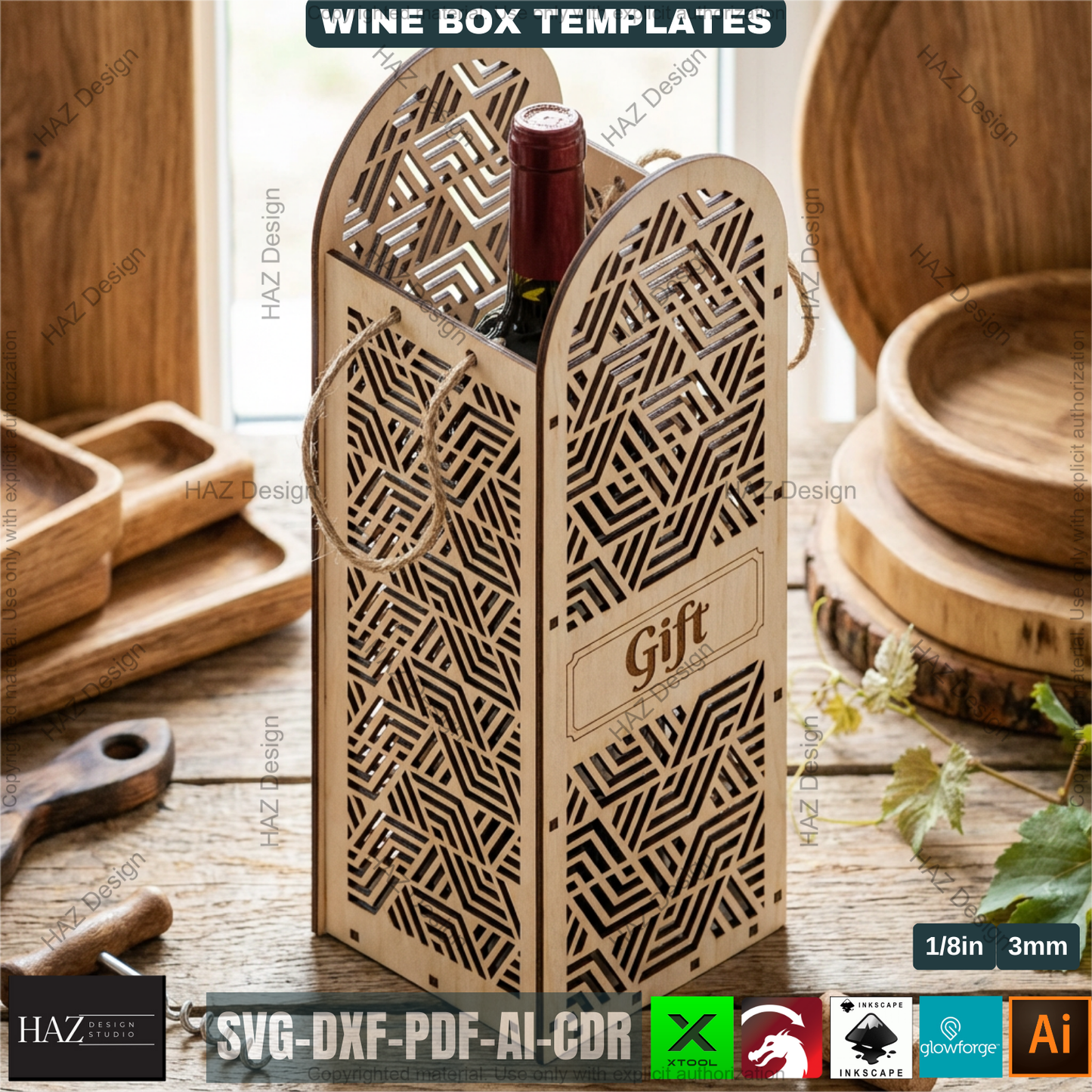 Laser Cut Wooden Wine Bottle Gift Box Bundle for DIY, Elegant Wine Carrier Templates for Laser Cutting Projects 512