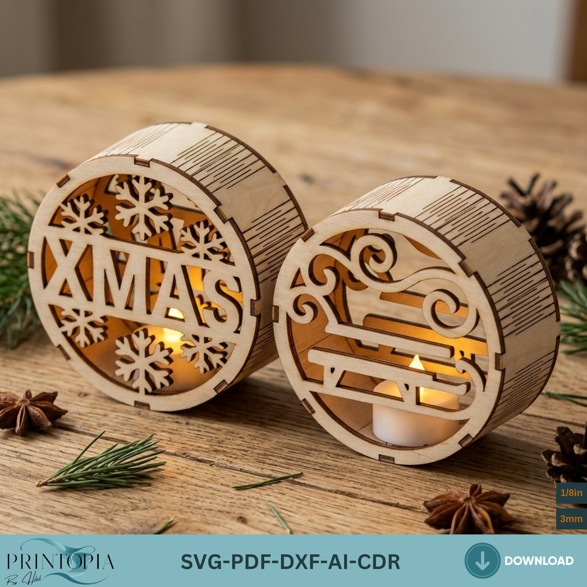 Laser Cut Christmas Night Light Bundle, Round Wooden Lanterns, DIY Holiday Candle Holder Designs 380