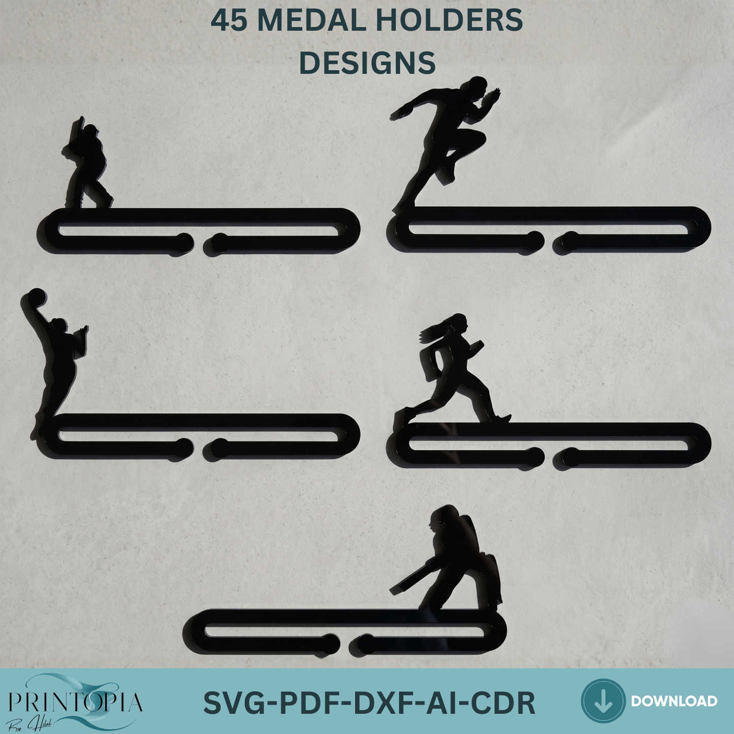 45 Medal Holder Designs SVG Bundle, Acrylic Sport Awards Hanger Templates, Trophy Medals Rack,