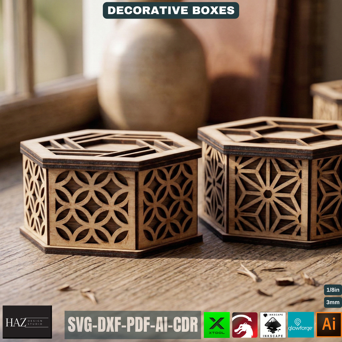 Decorative Hexagon Box Laser Cut Template Geometric Wood Storage Container Lidded Keepsake Pattern 521