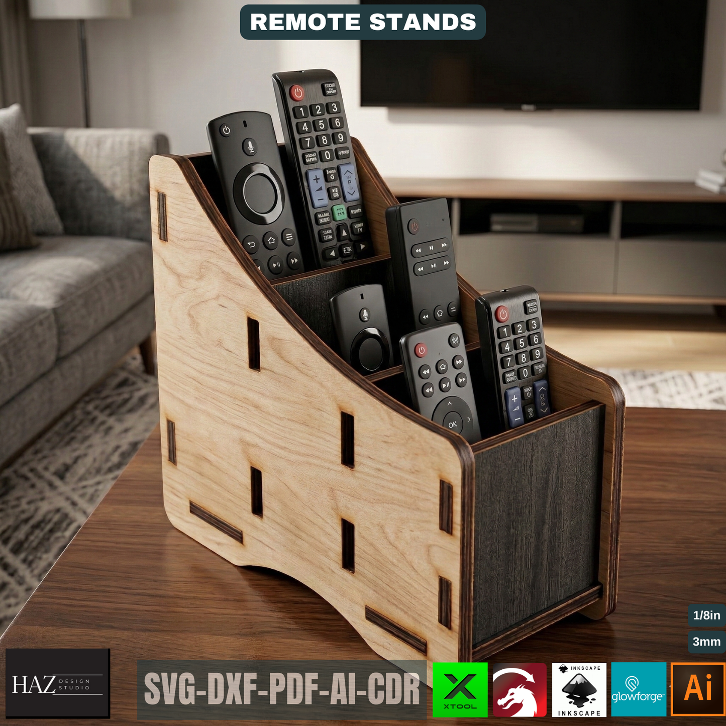 Wooden Remote Control Holder Laser Cut Template, TV Accessory Organizer Pattern, Living Room Desk Storage Plan, Sofa Caddy 520