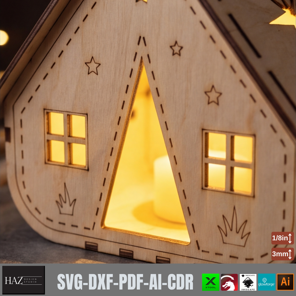 Wooden House Night Light Laser Cut Template, Tealight Candle Holder Plywood Decor 988
