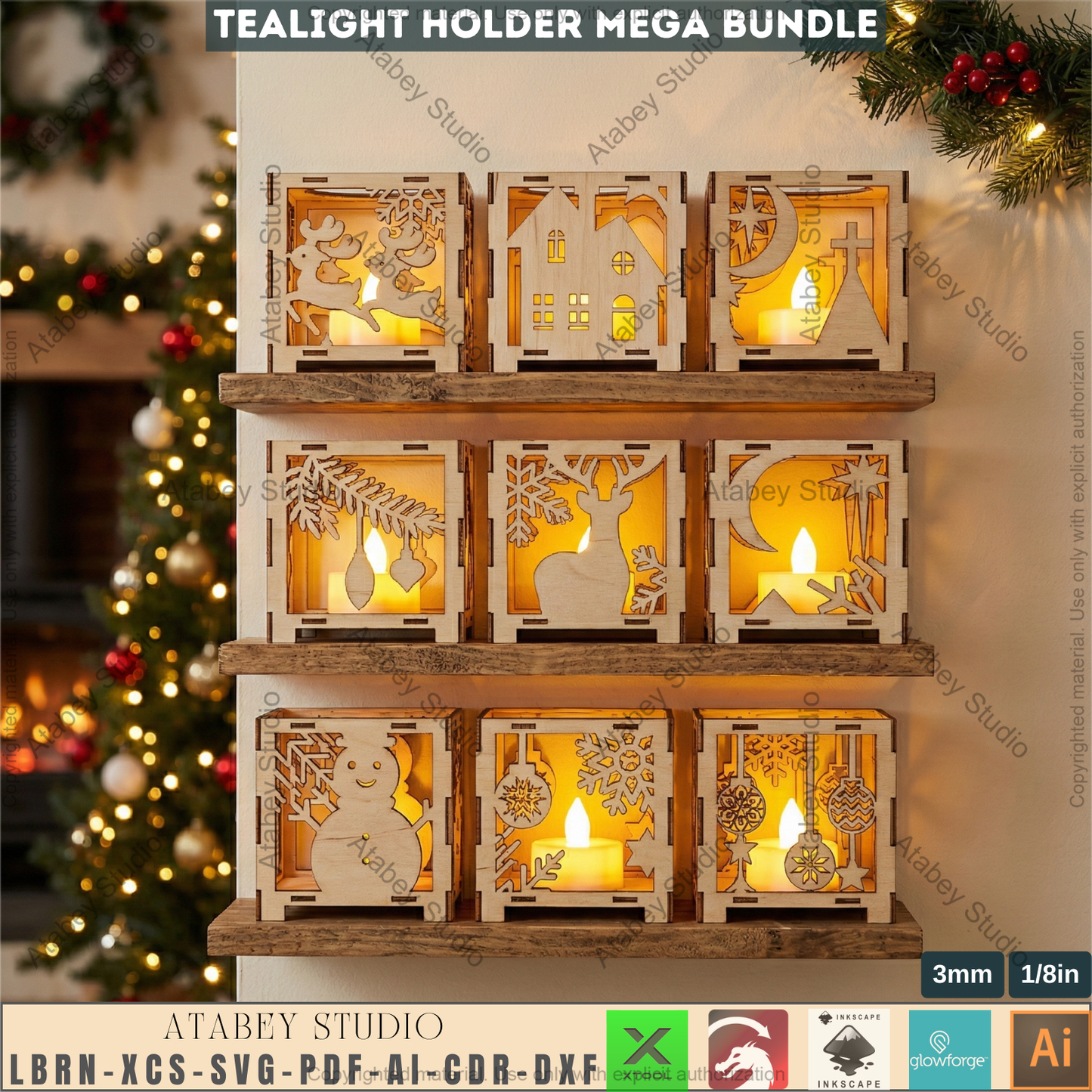 Christmas Tealight Holder Mega Bundle Laser Cut Lanterns | Wooden Candle Box Templates 981
