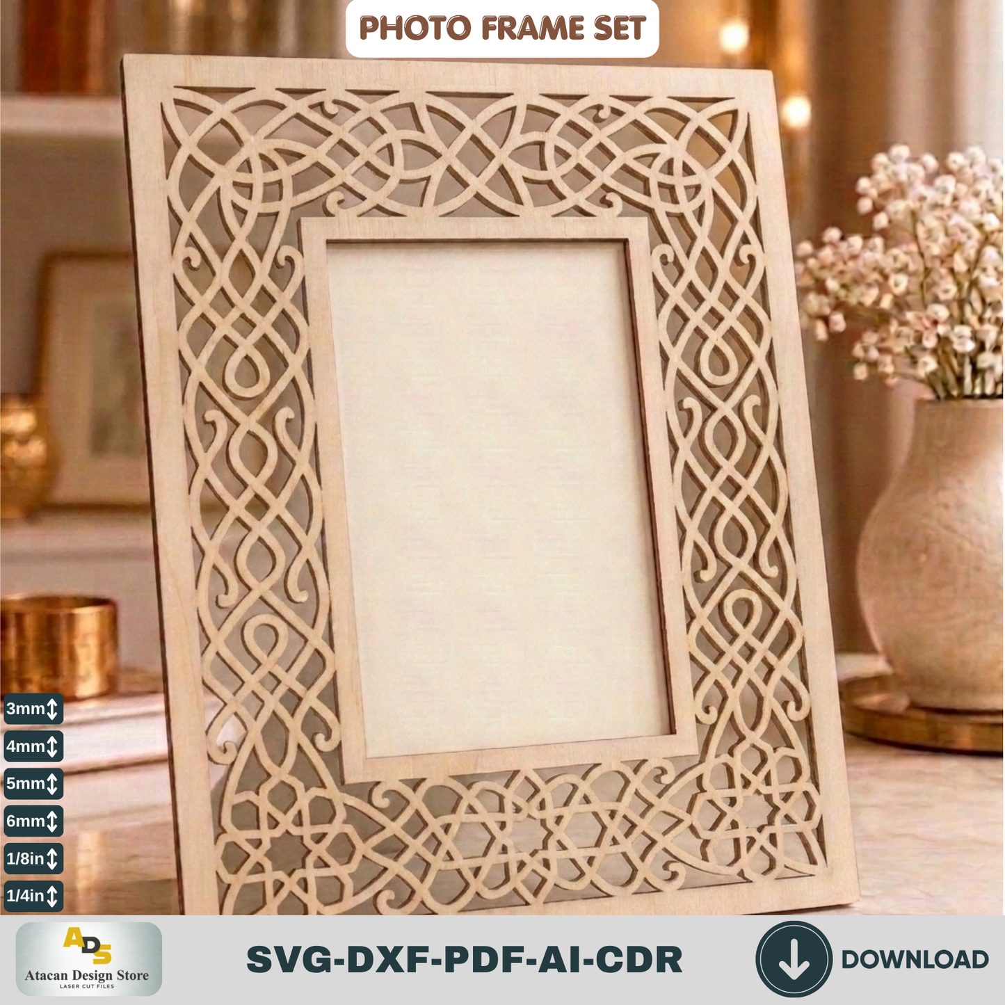 Laser Cut Photo Frame SVG Bundle – Floral Rustic Wood Home Decor Template