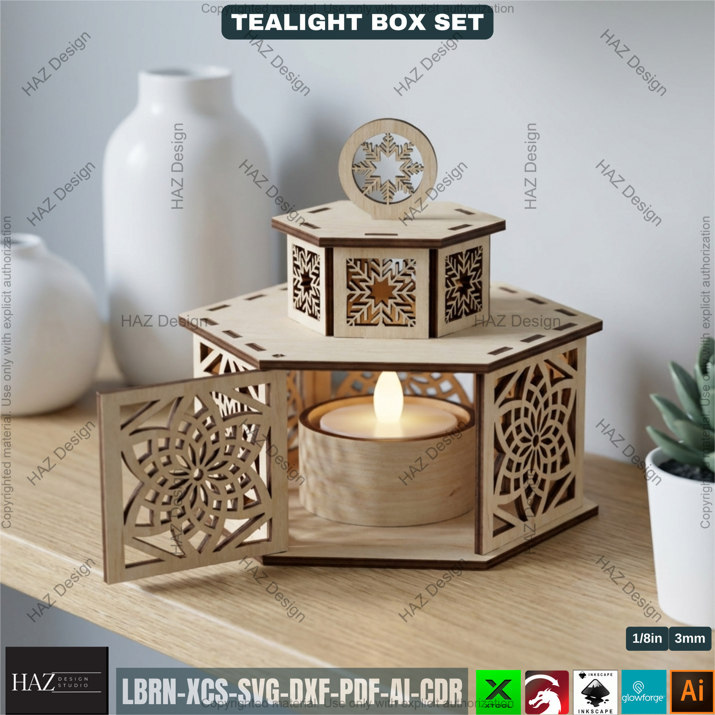 Festive Tealight Lanterns  – Christmas Candle Holder with Lid - Laser Cut Tabletop Decor - Tealight Box Lights 504