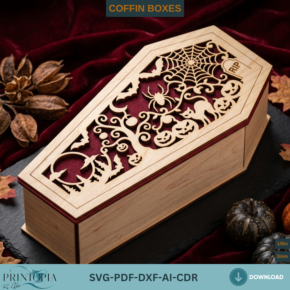 Halloween Coffin Box Laser Cut, Gothic Casket Keepsake Box Template, Wooden Spooky Gift Box
