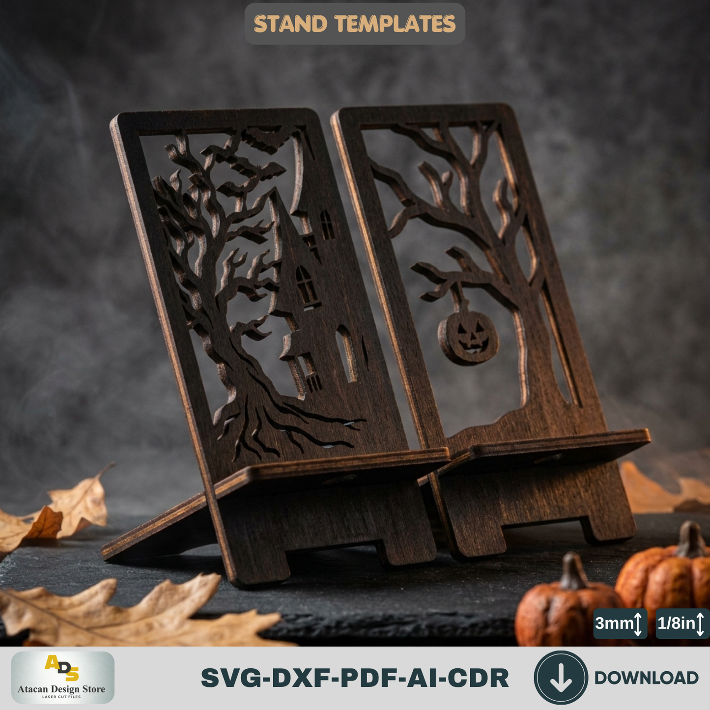 Halloween Stand Laser Cut Template Wooden Plywood Display Spooky Haunted House Phone Holder Pattern