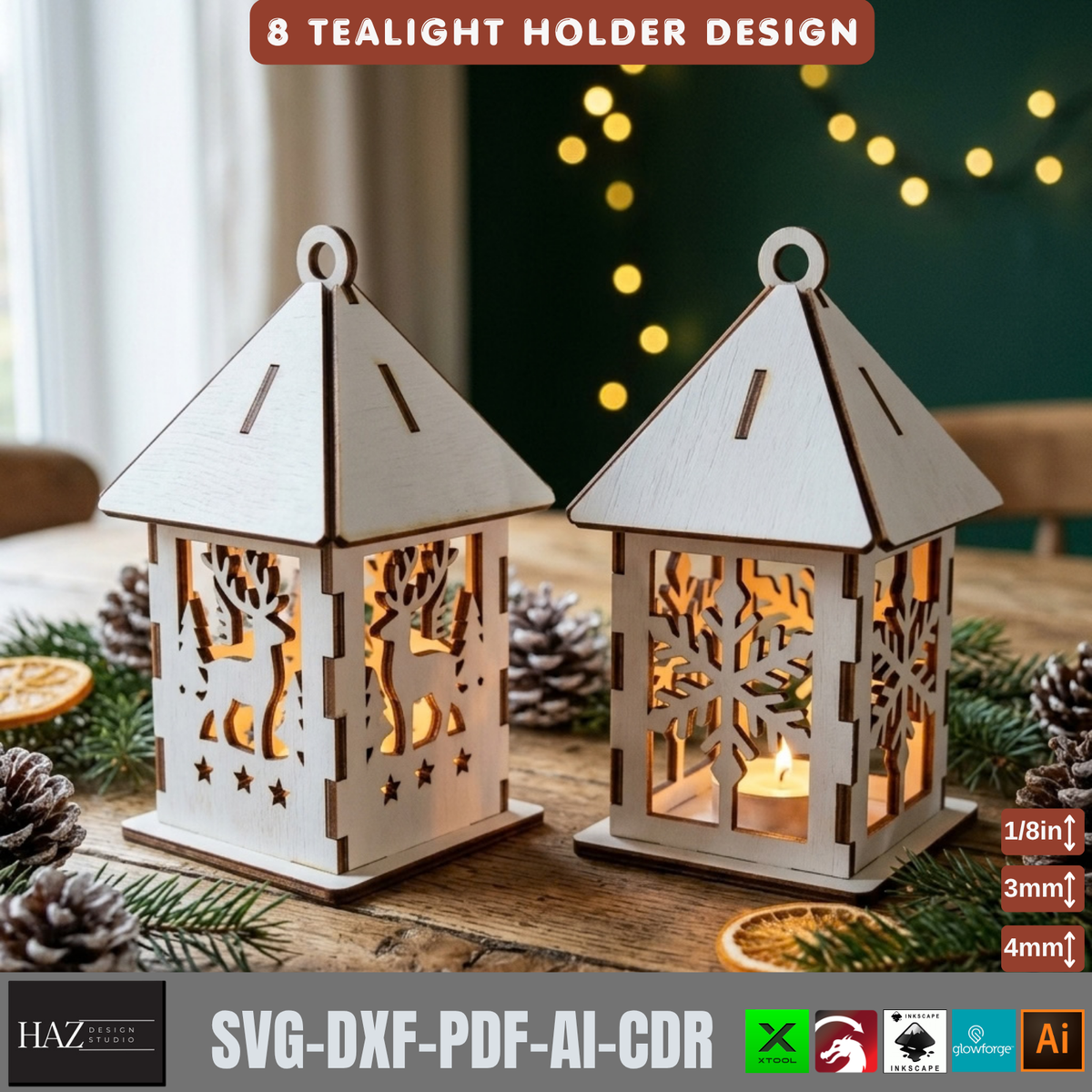8 Christmas Tealight Lantern Laser Cut Pattern Wooden Candle Holder Template