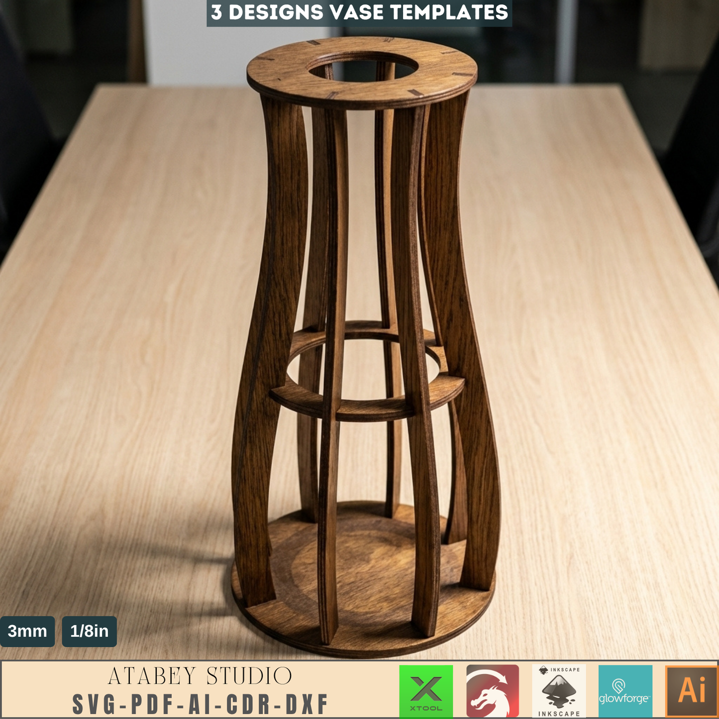 Wooden Vase Templates Set of 3 Slat Vase Designs Minimalist Table Decor Flower Stands 1002