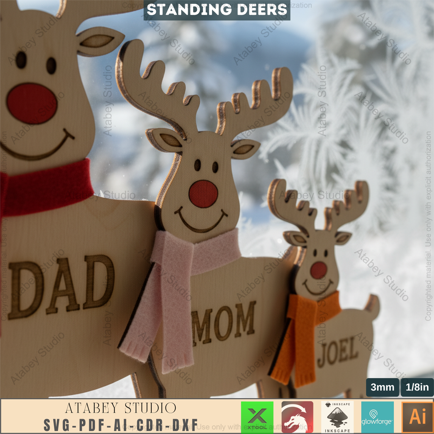 Personalized Reindeer Family Laser Cut Design, Freestanding Christmas Deer Decor, Custom Name Tabletop Sign 970