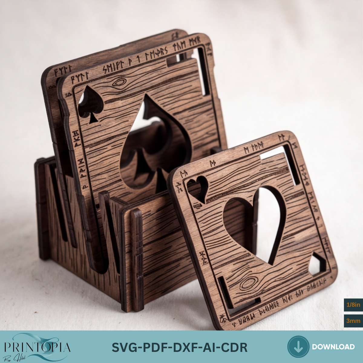 Wooden Deck of Cards Coaster Laser Cut Design Viking Rune Coaster Box Template 381
