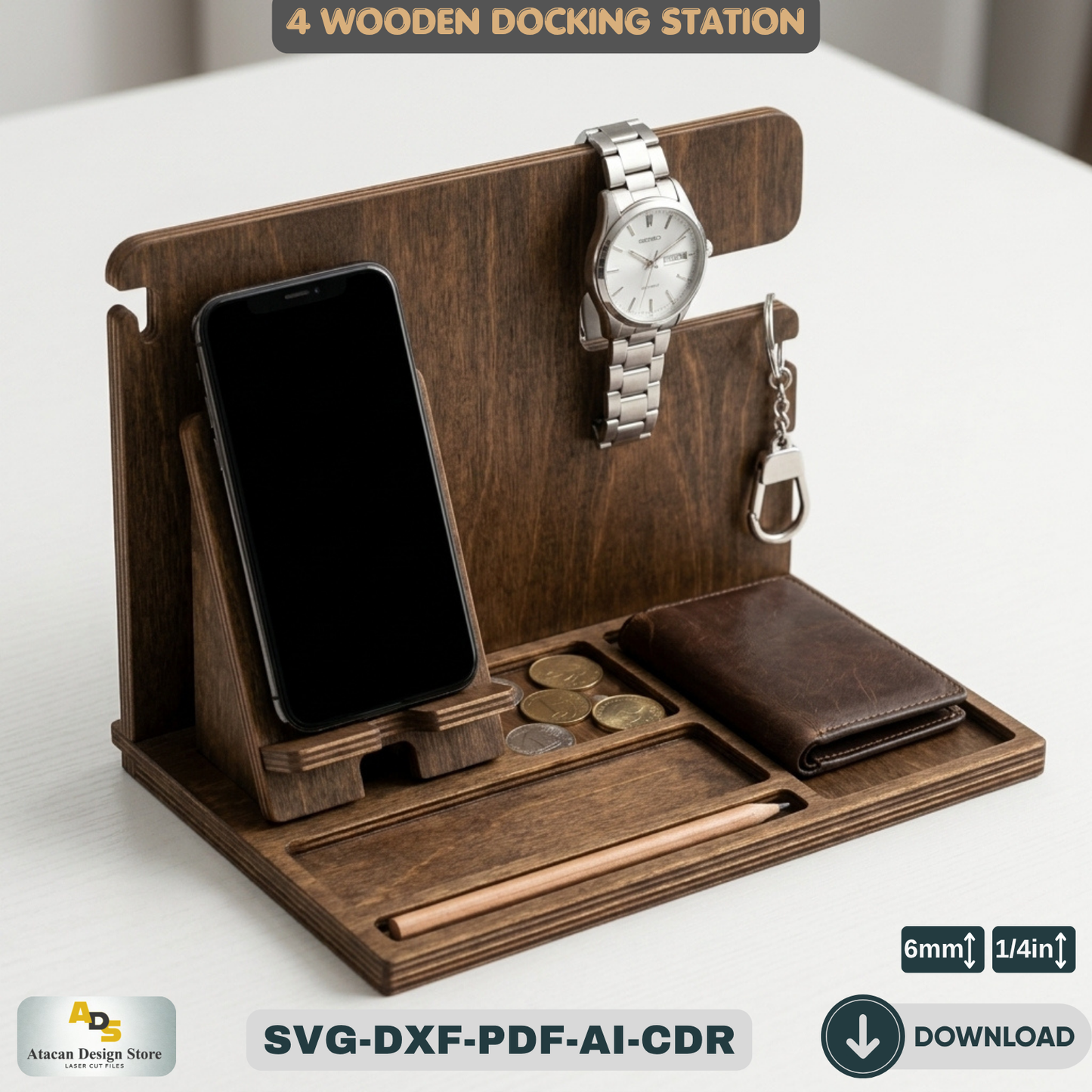 Wood Docking Station / Desk Organizer Phone Stand / Watch Holder / Father's Day Gift 947