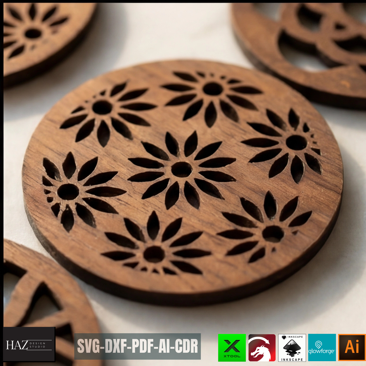 Round Coasters Laser Cut Template, Floral Wooden Drink Mat Pattern, Coaster Set Design