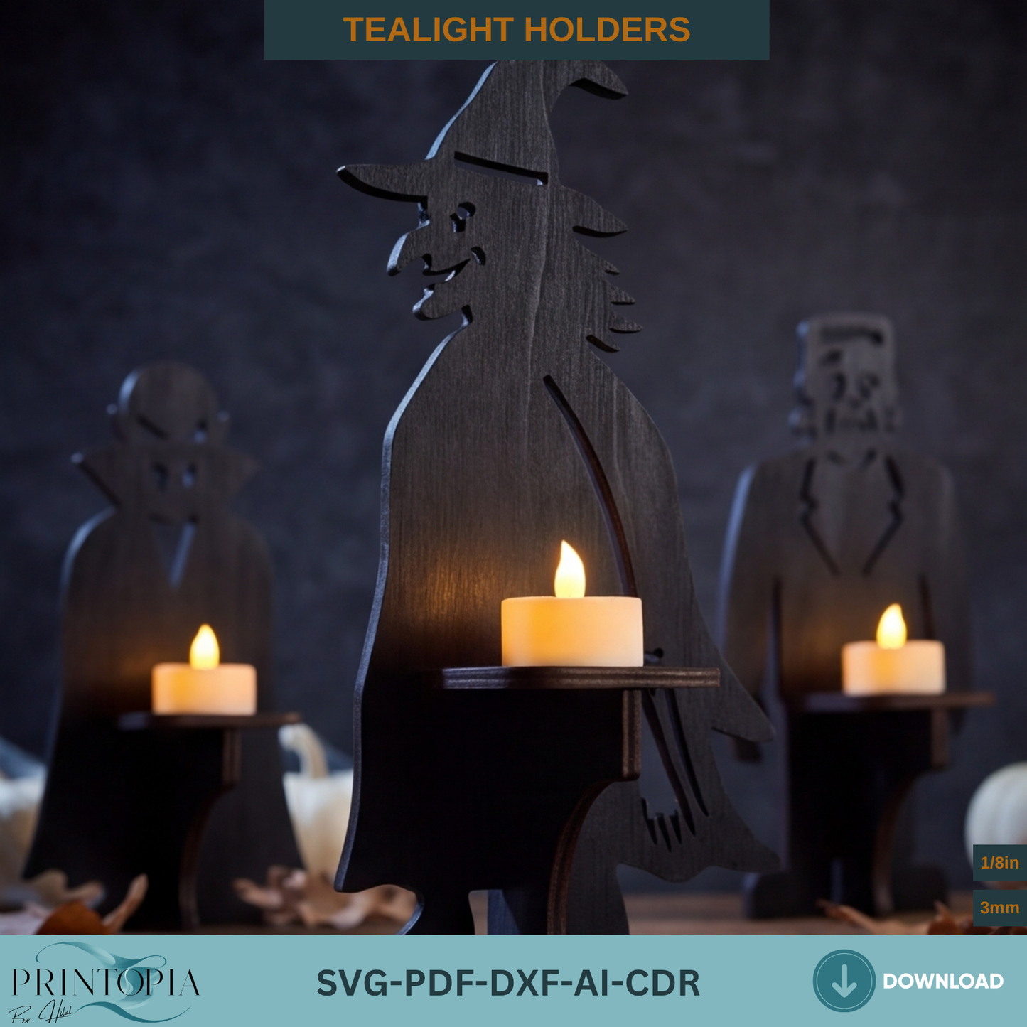 Halloween Monster Tealight Holder Laser Cut File SVG Vampire Witch Frankenstein