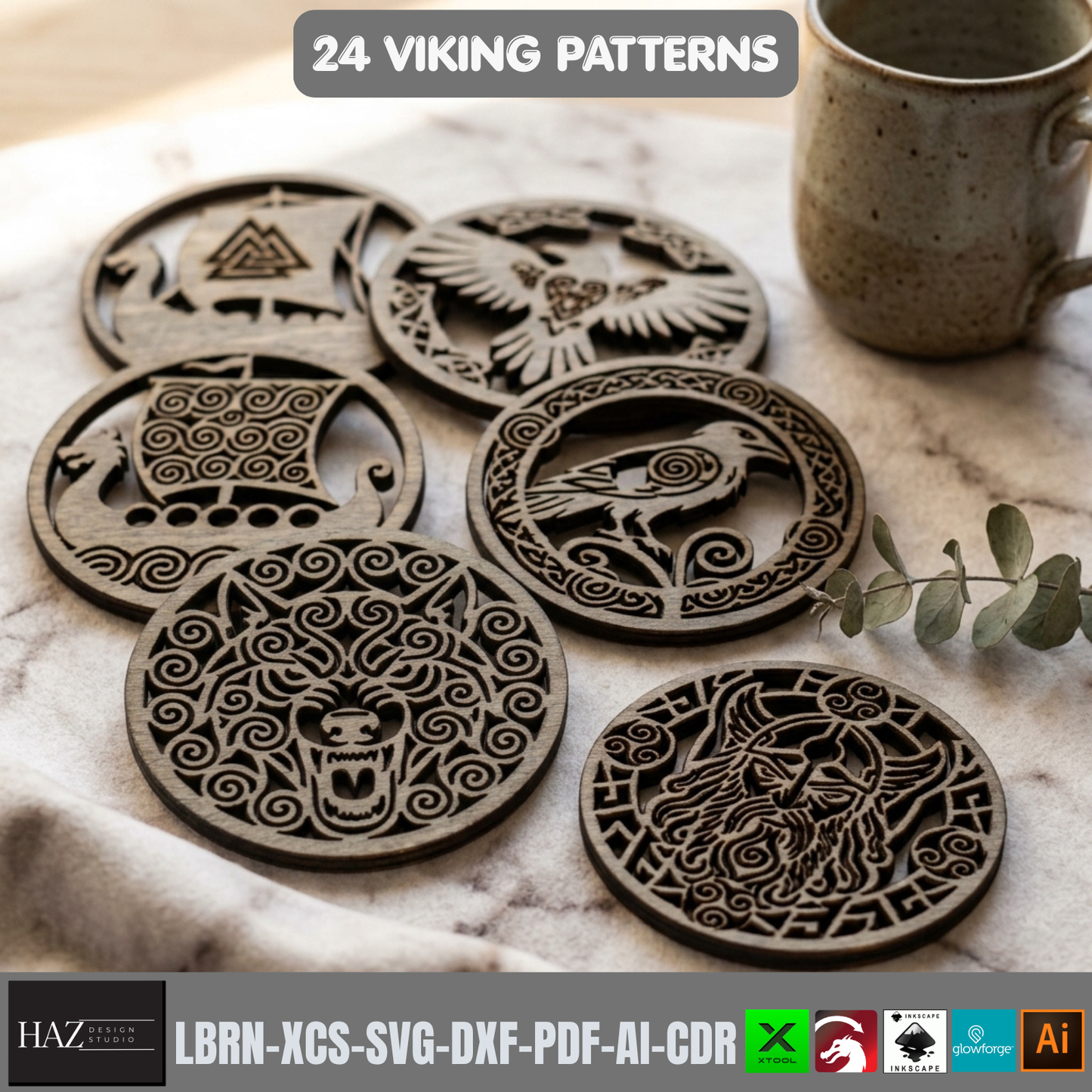 24 Viking Celtic Knot Coaster Laser Cut Patterns Bundle Norse Mythology Wood