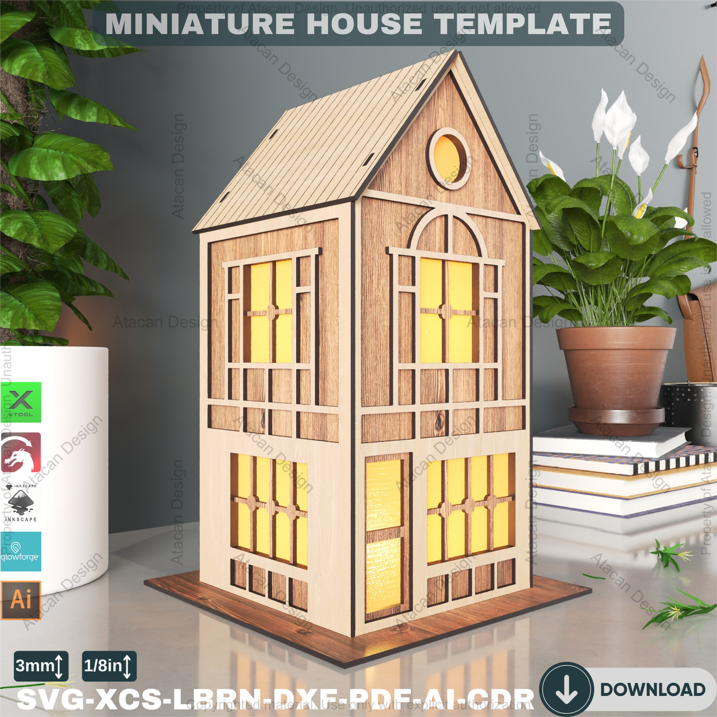 DIY Wooden House Luminary Template | Laser Cut Miniature Village | Table Lamp Design 885
