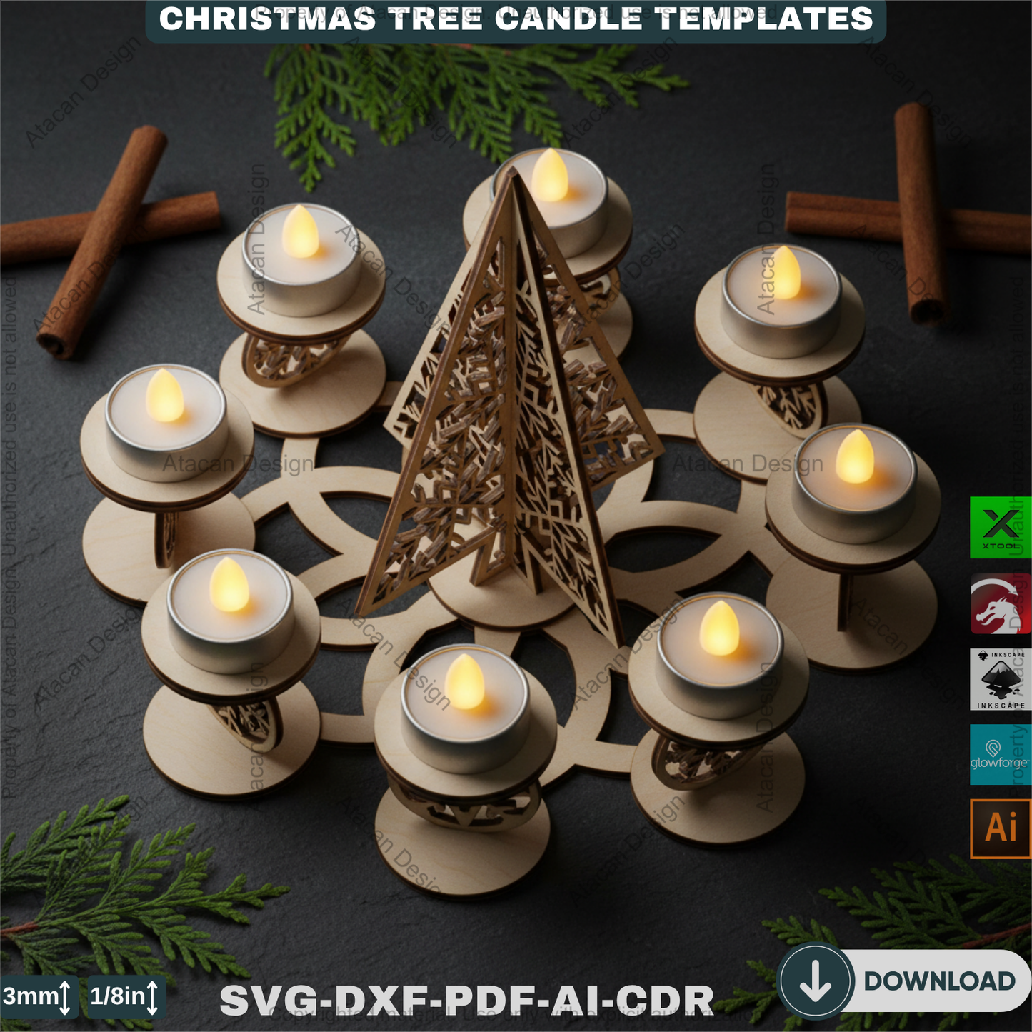Festive Christmas Tree Tea Light Holder Laser Cut Digital Template, Holiday Advent Wreath Candle Stand, New Year Snowflake Tealight Decor 911