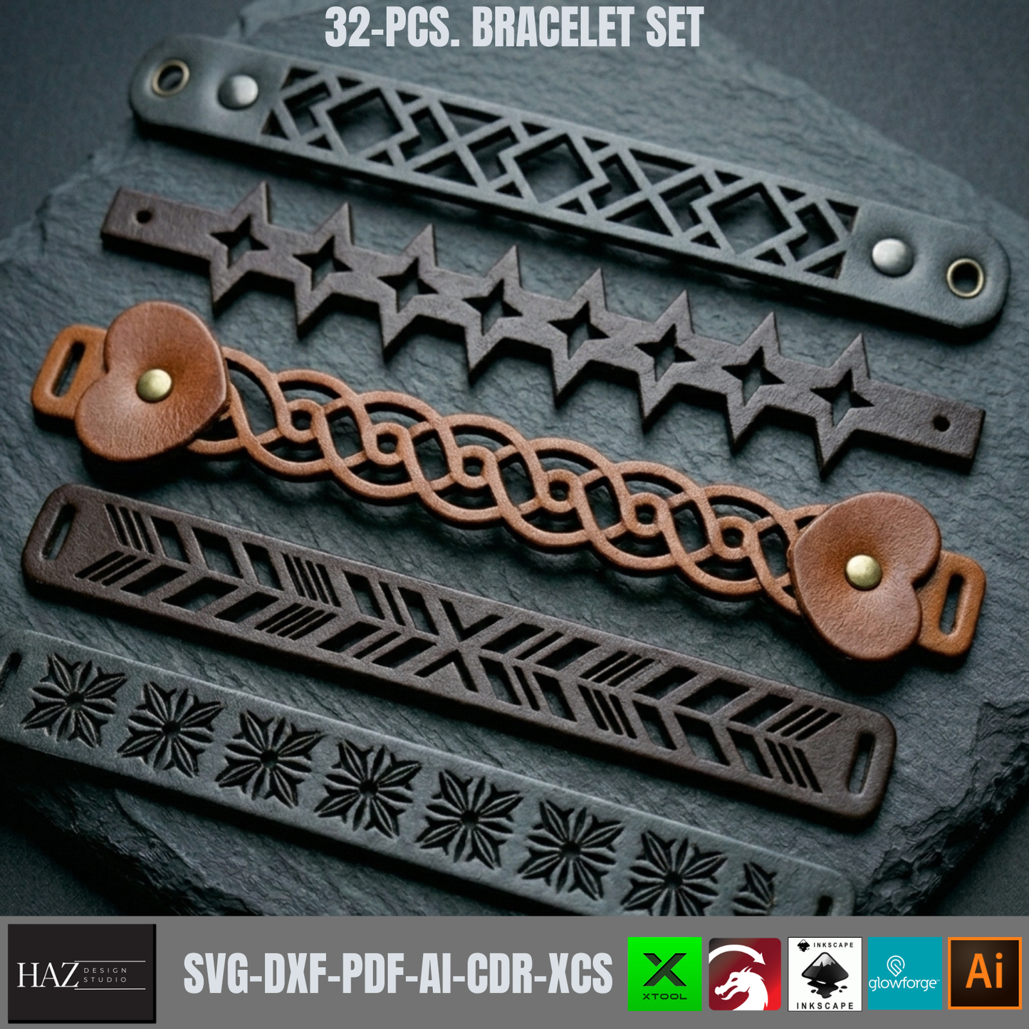 32 Pcs Leather Cuff Bracelet SVG Bundle, Laser Cut Templates , Geometric Pattern Wristband