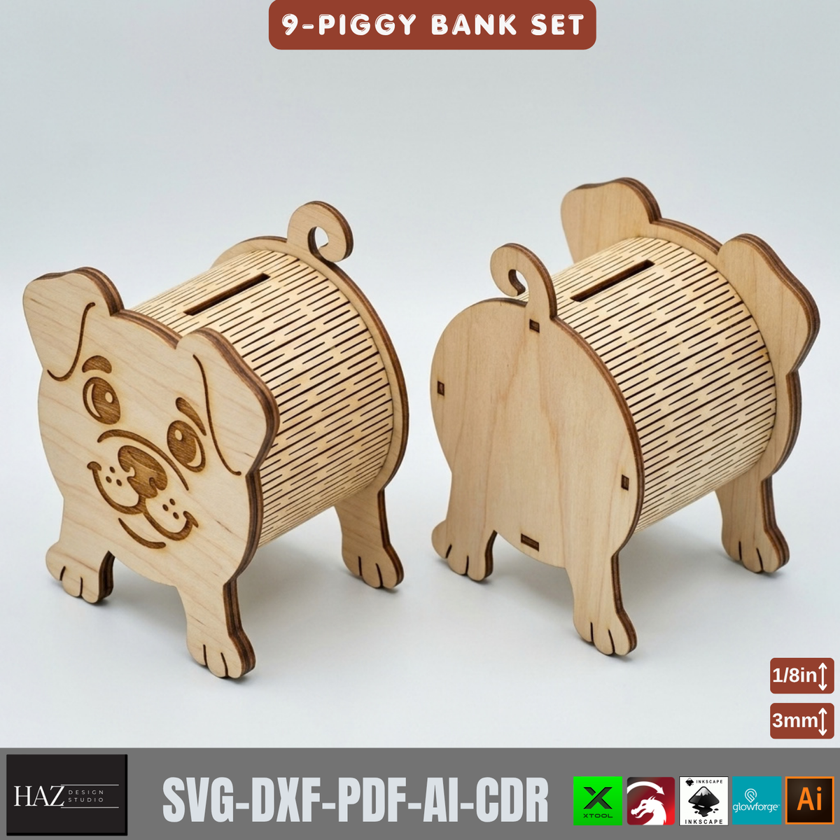 Wooden Animal Money Box Laser Cut Template, Cat Dog Pig Piggy Bank Set 574