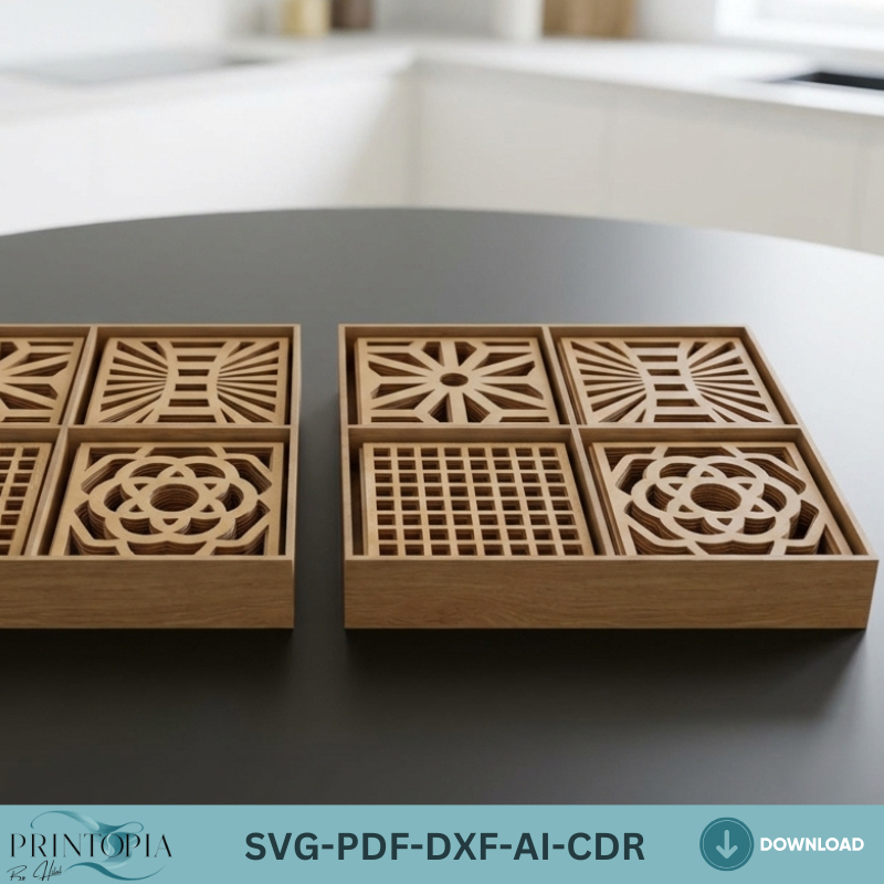 Geometric Wood Drink Coasters Set with Storage Box Laser Cut Patterns Home Decor Gift Ideas