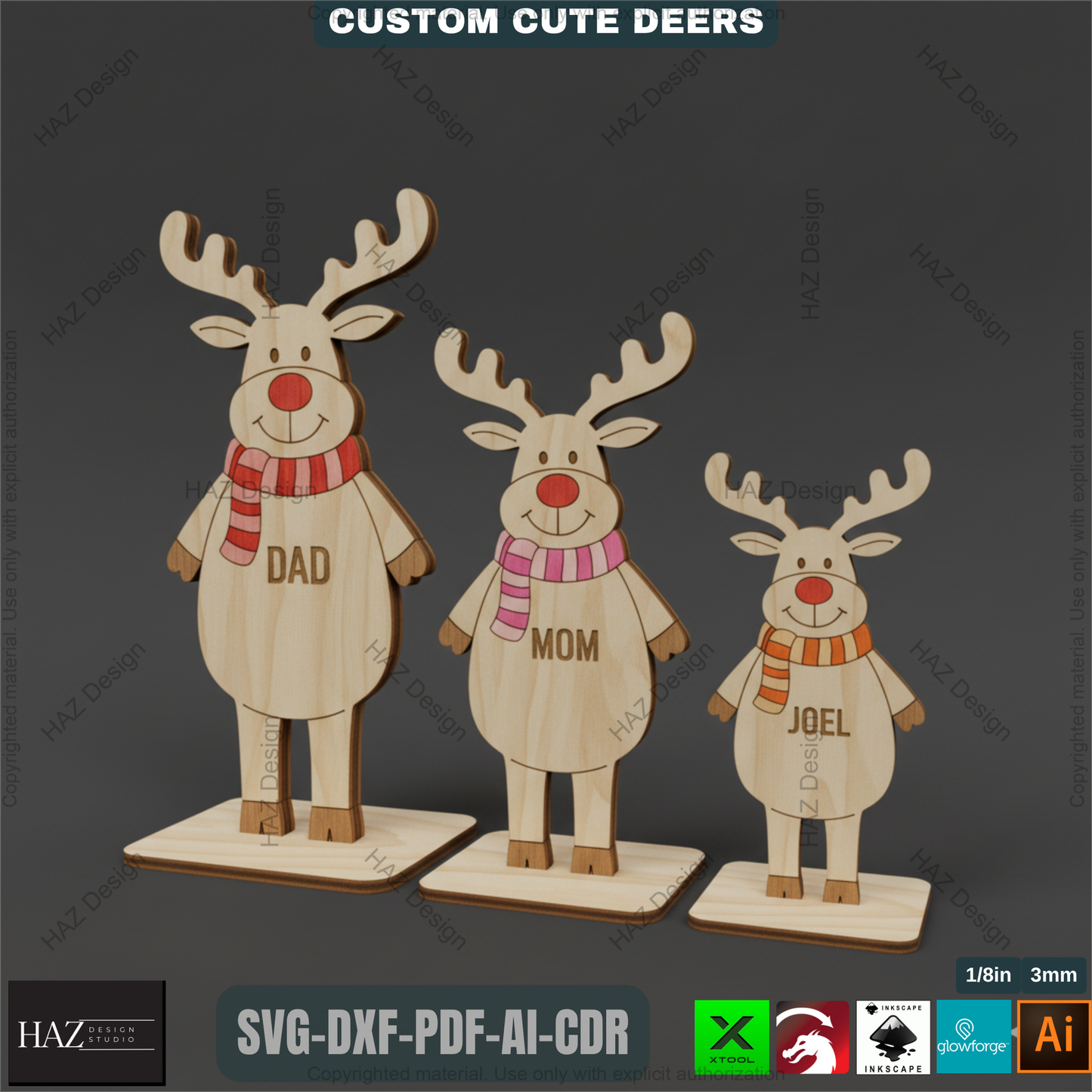 Freestanding Reindeers, DEER Family Names Laser Engraved, Wooden Standing Deers Cutting Templates 499