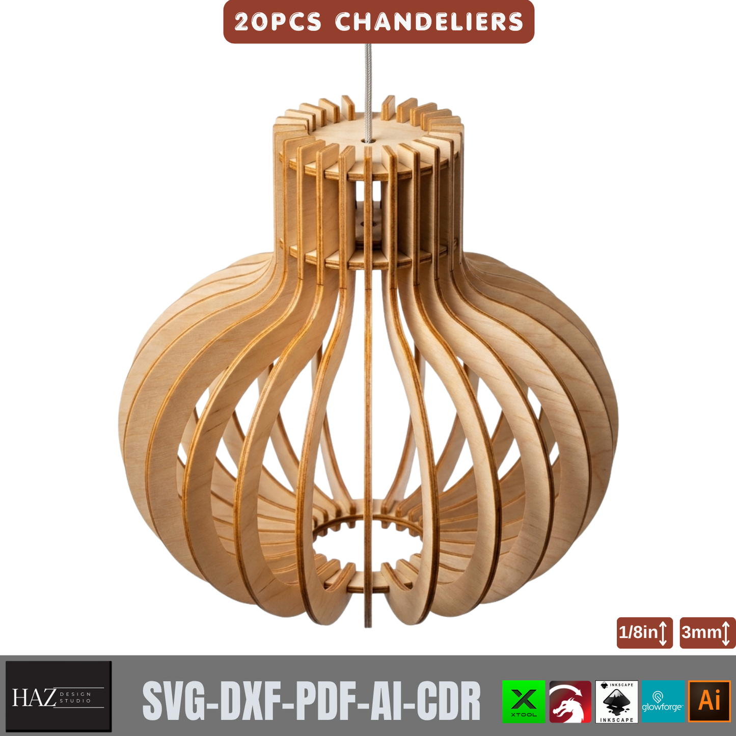 20 Piece Wooden Chandelier Pendant Lamp Laser Cut SVG Template Set Plywood 566