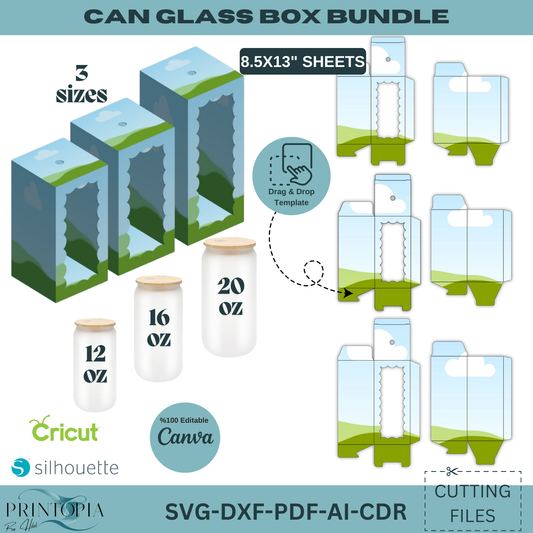 Customizable Can Glass Box Bundle | 12oz, 16oz, 20oz Sizes | svg DXF ai PDF CDR Files for Cricut, Silhouette, Canva Users 173