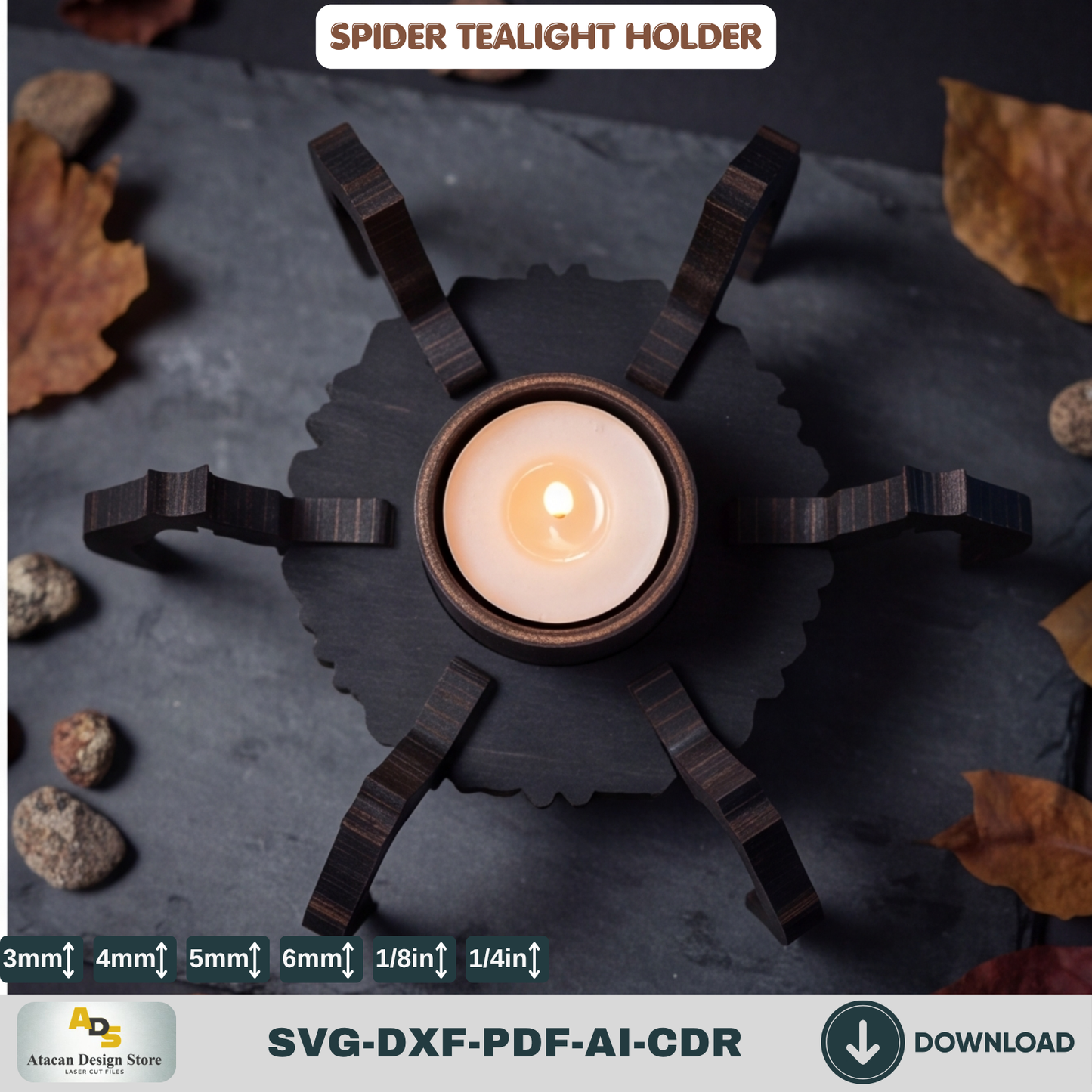 Spider Tealight Holder Halloween Candle Laser Cut Wood Template SVG File