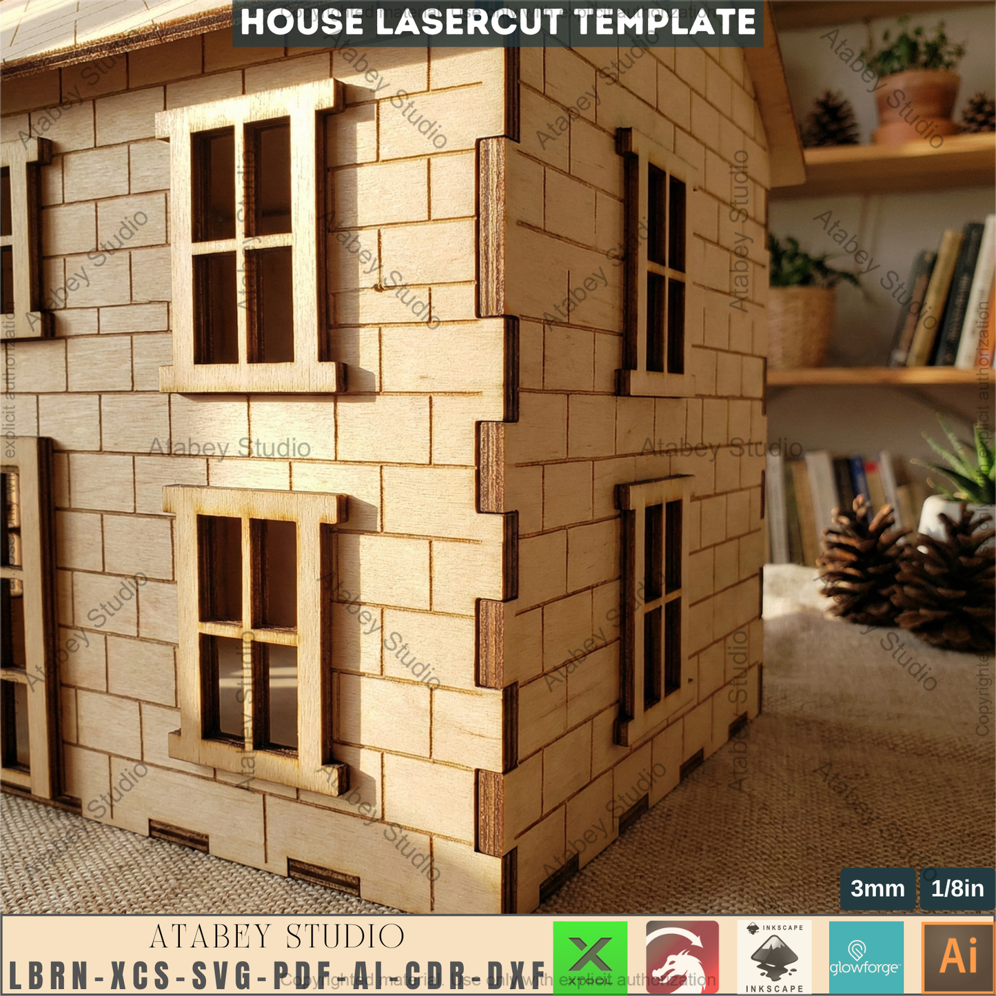 Wooden Dollhouse Laser Cut Plan, Plywood Toy Home Template, CNC Model, Kids Play House Design, Hinged Roof Storage Box 265
