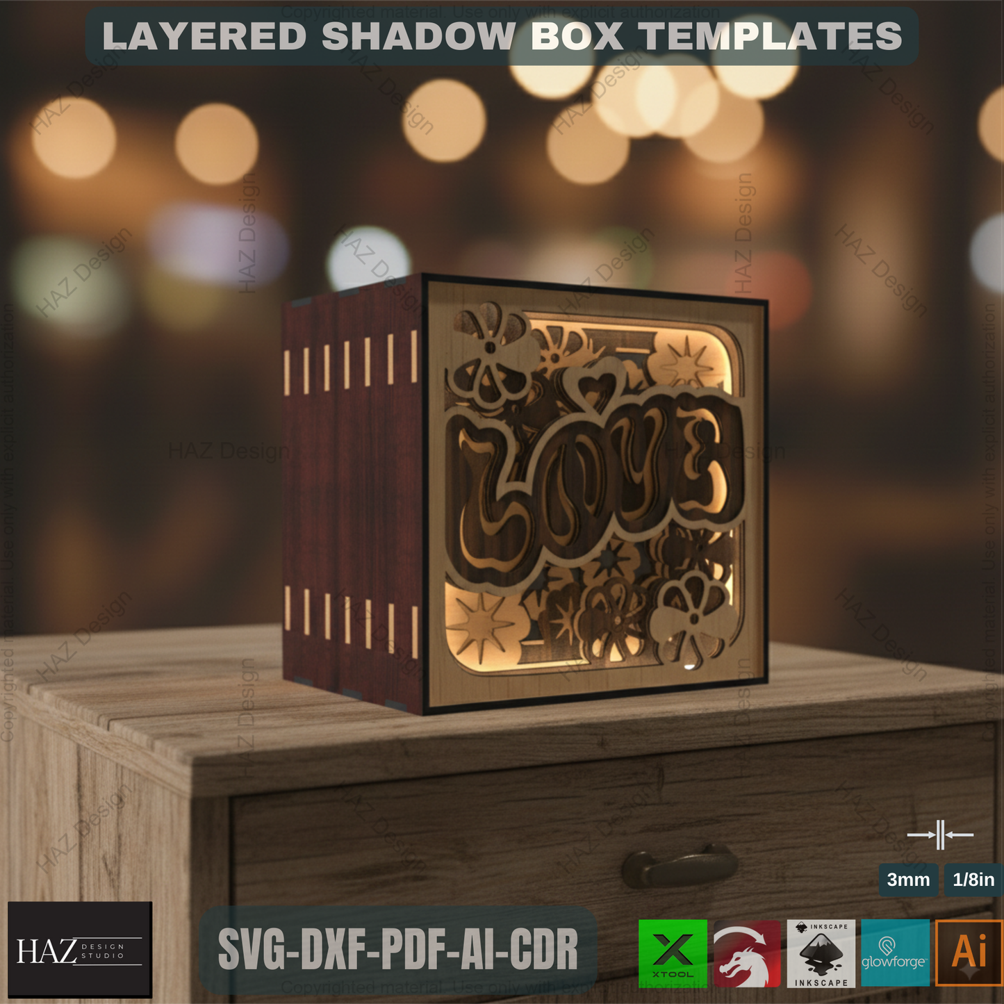 Wooden Night Lamp - Multilayer Shadowbox Laser Cut Lampshade, Table Lamp, Digital Downloads ADS371