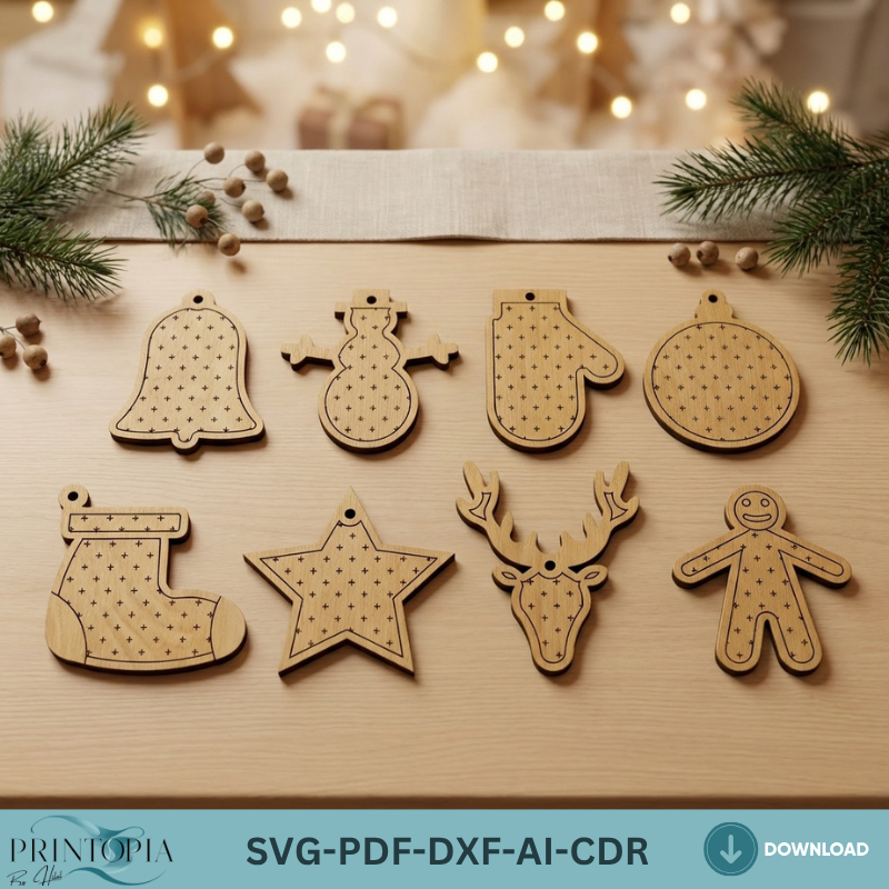 Christmas Ornament Set Holiday Tree Decor Wood Reindeer Snowman Gingerbread Svg 033