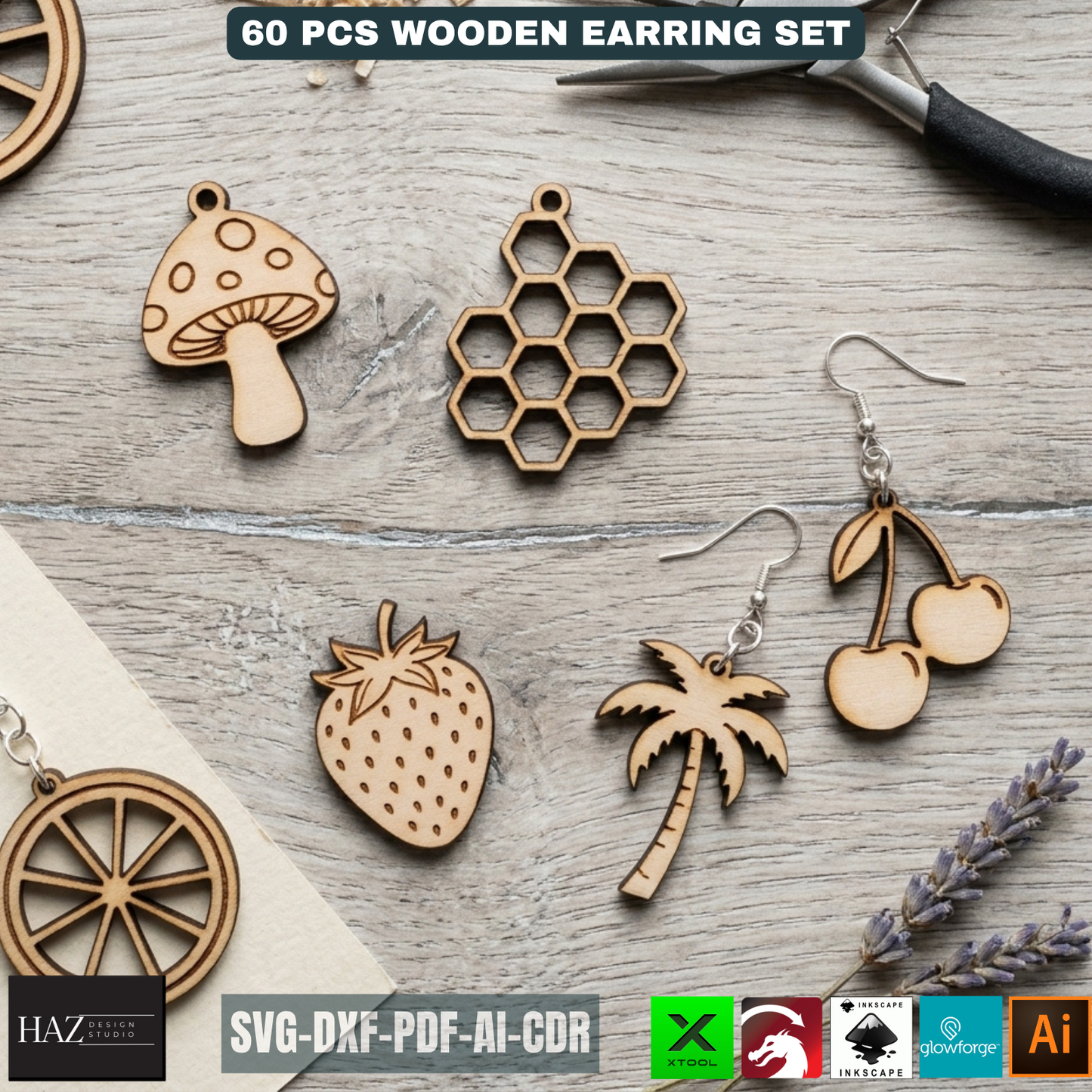 60 Wooden Earring Laser Cut Files SVG Bundle Jewelry Templates Plywood Jewelry Shapes
