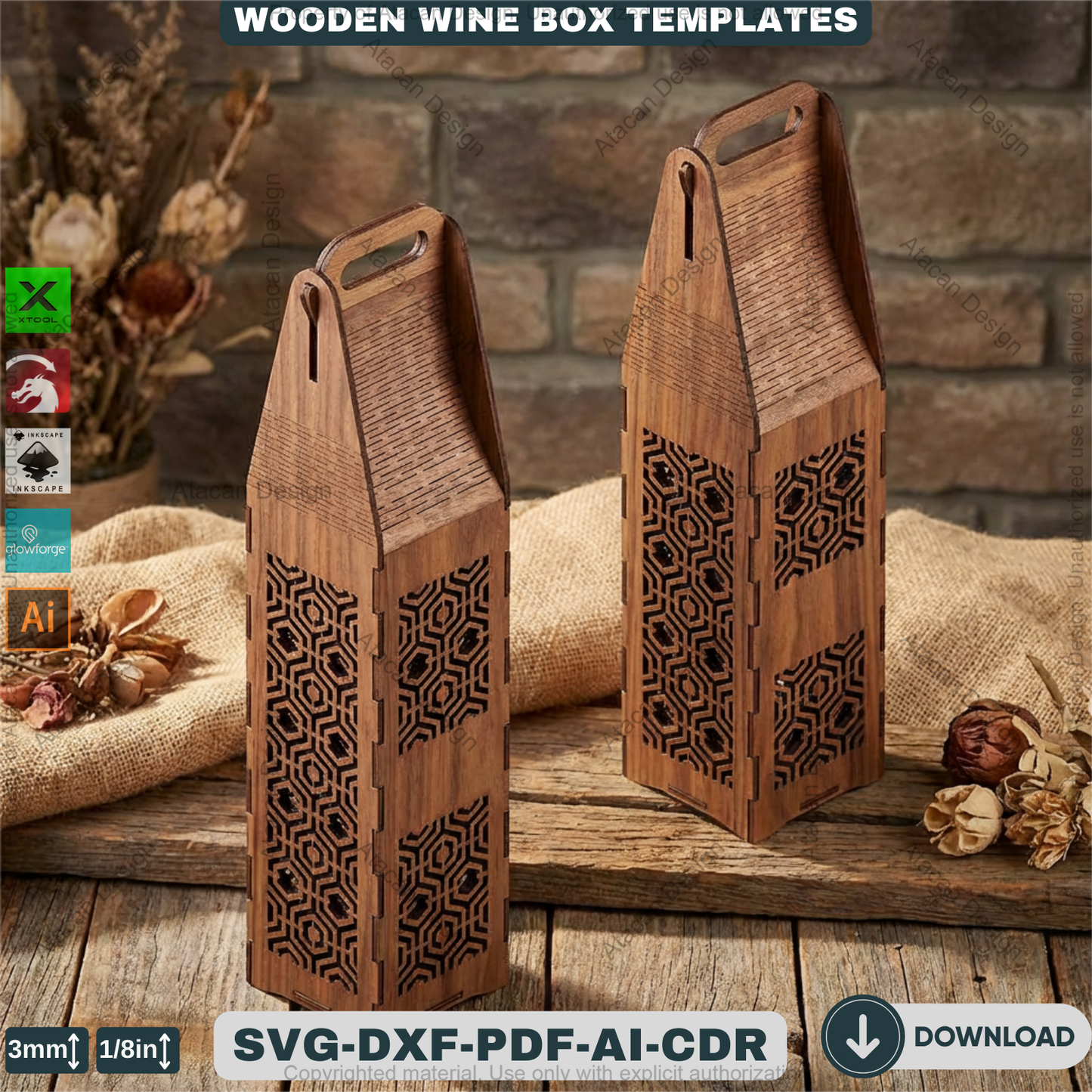 Laser Cut Wine Bottle Gift Box Bundle Wooden Wine Carrier Holder Pattern for Glowforge CNC Engraved Wine Box Plan 934