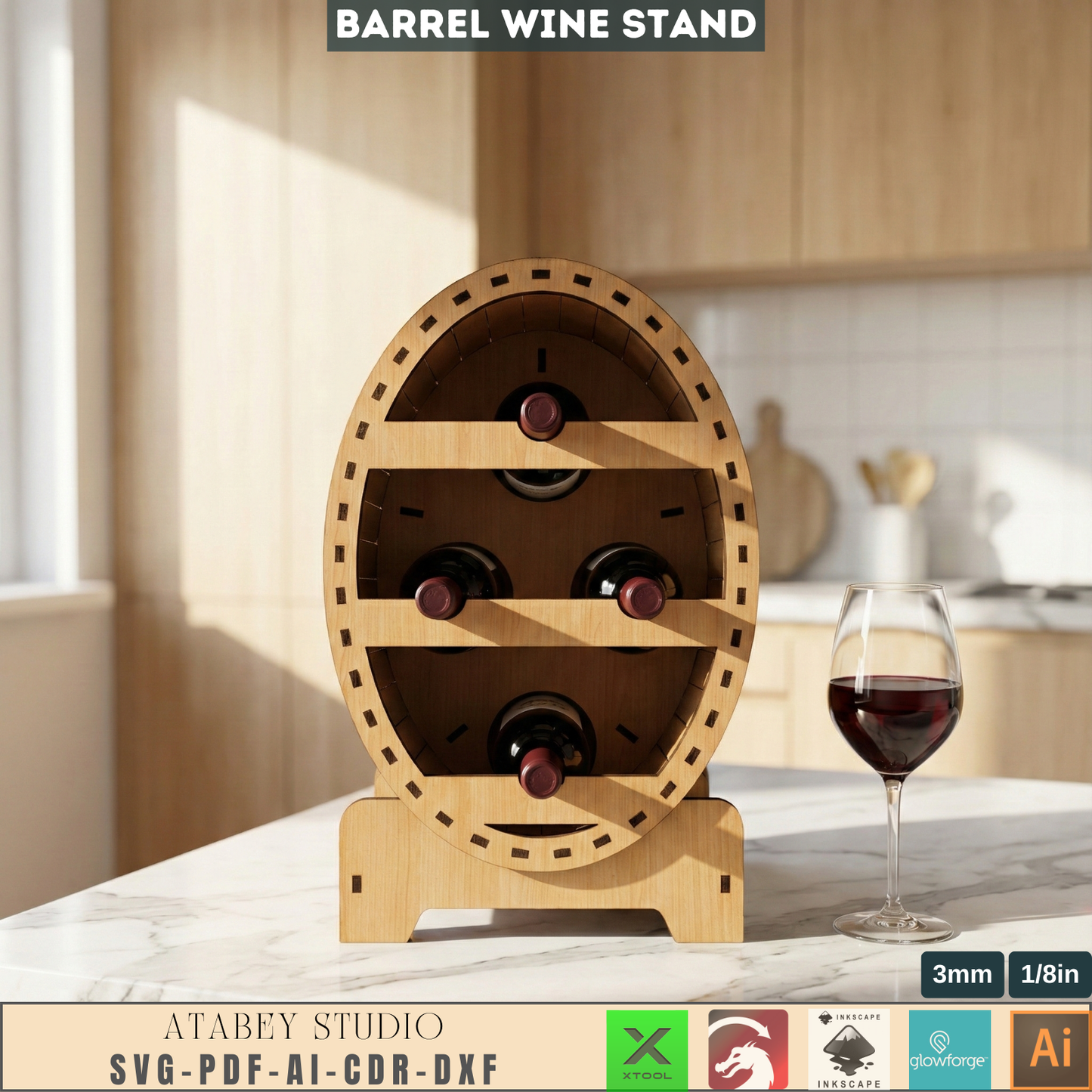 Barrel Wine Rack Laser Cut Plan, Wooden Bottle Holder Template, DIY Rustic Home Bar Decor, Tabletop Wine Stand Design 983
