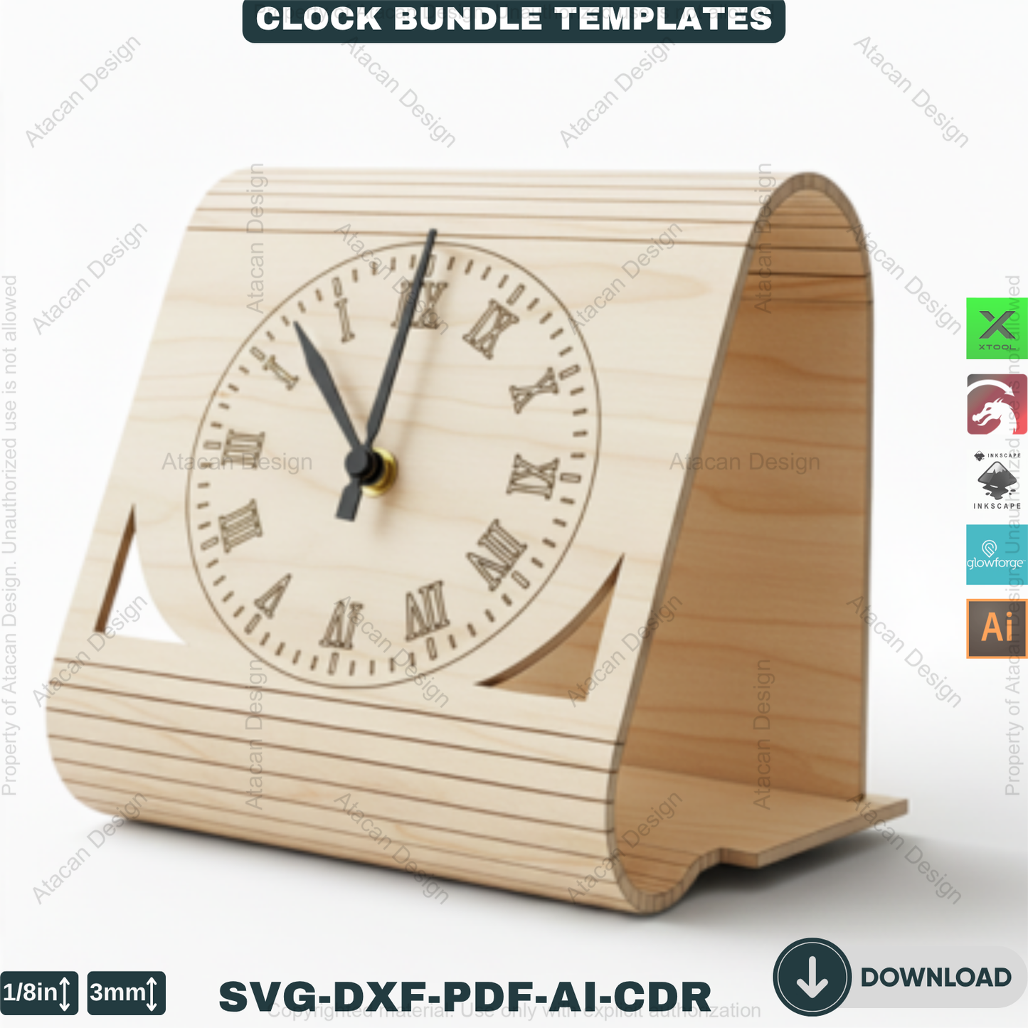 Laser Cut Clocks, Modern Desk Clock Templates, DIY Wooden Table Clock Plans, CNC File for Glowforge, Xtool & Lightburn 914
