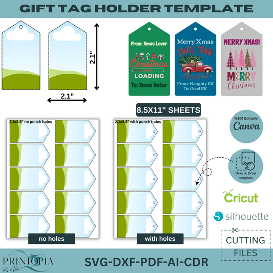 Gift Tag Holder Template | svg DXF PDF ai CDR Files for Cricut & Silhouette | Editable Canva Tag Design | 8.5x11" Sheets 169