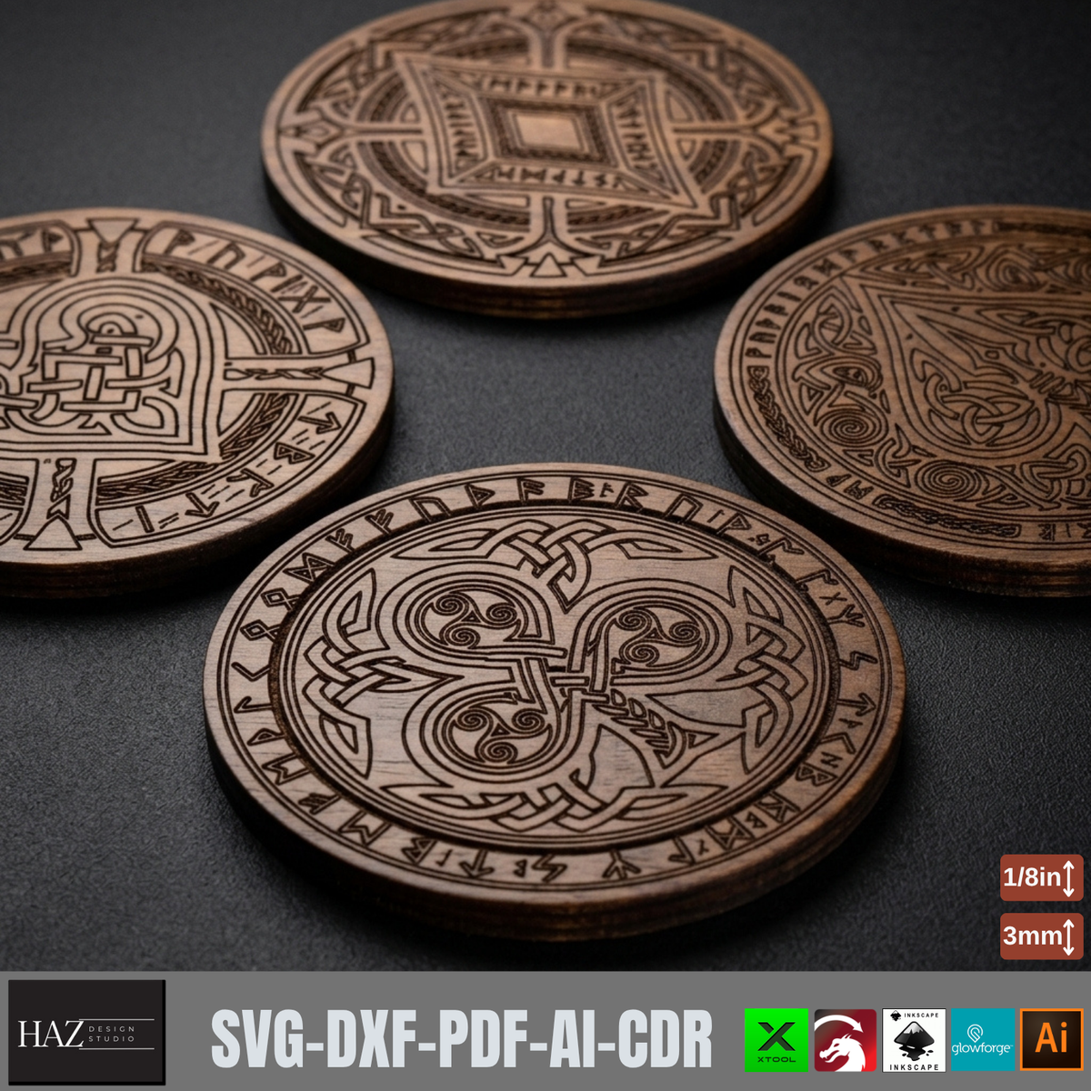 Viking Playing Card Coaster Templates, Rustic Norse Knotwork Wooden Coaster Designs 579