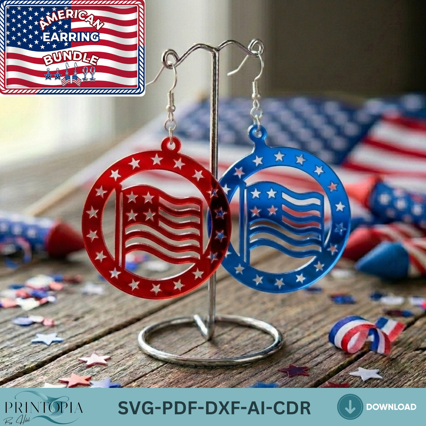 Patriotic Earring SVG Bundle, 4th of July Laser Cut File, USA Flag Acrylic Earrings DXF