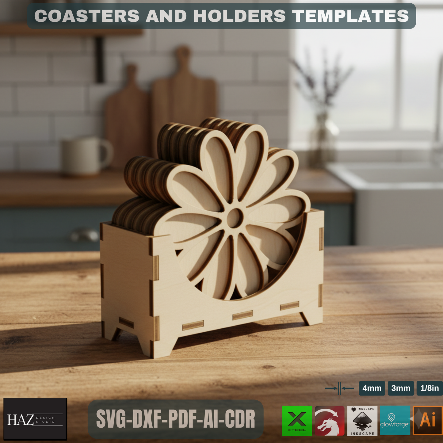 Floral Coaster Designs with Holder / Digital File for Laser Cutting / Decorative Coaster and Box Bundle 483