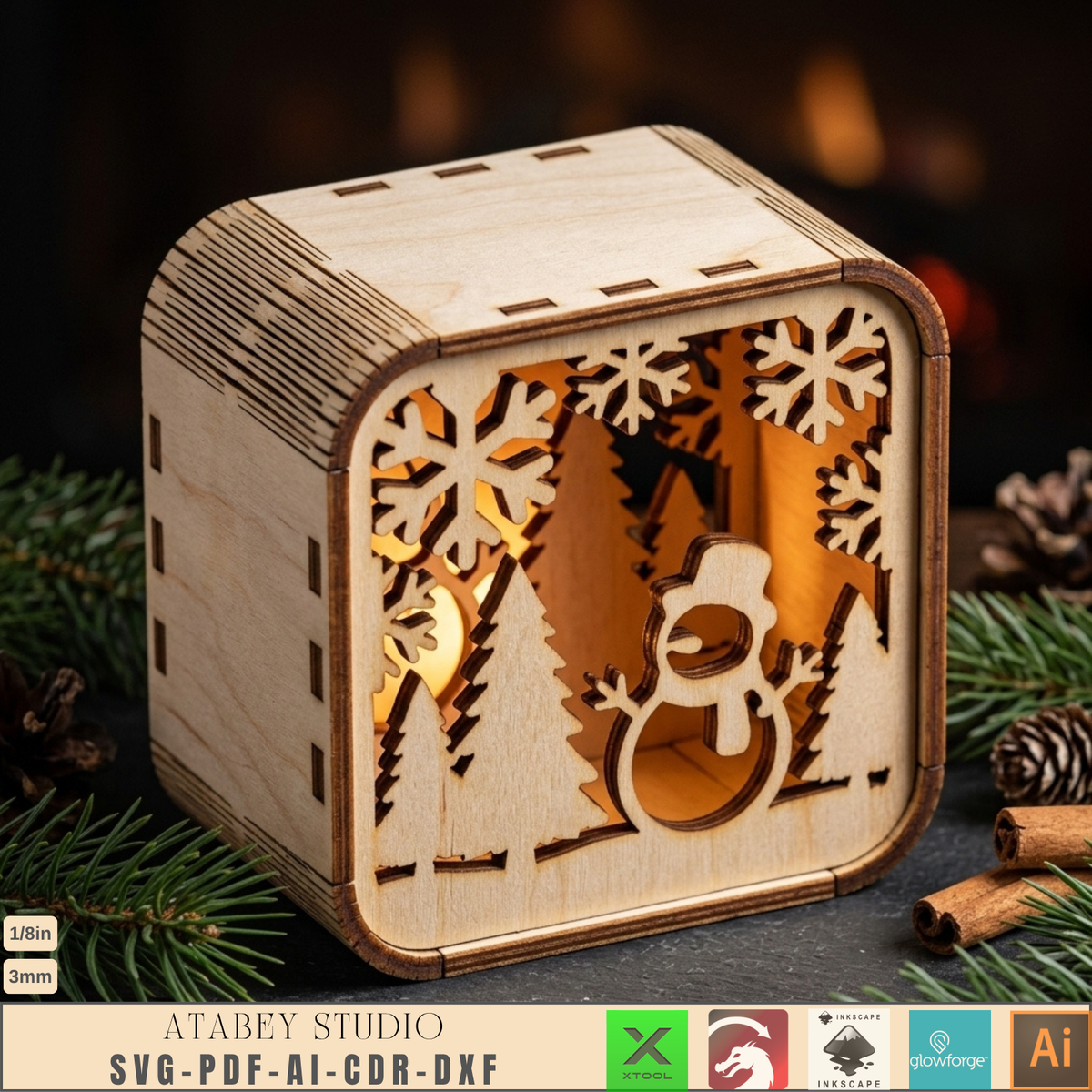 Wooden Christmas Shadow Box Lantern, Reindeer Santa Sleigh Candle Box Plans, Xmas Mantel Laser File