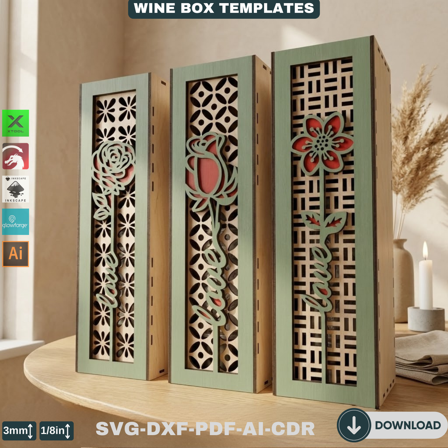 Luxury Wooden Wine Holder - Ideal for Weddings, Anniversaries, and Gift Giving-Elegant Wooden Wine Box with Rose Theme 800
