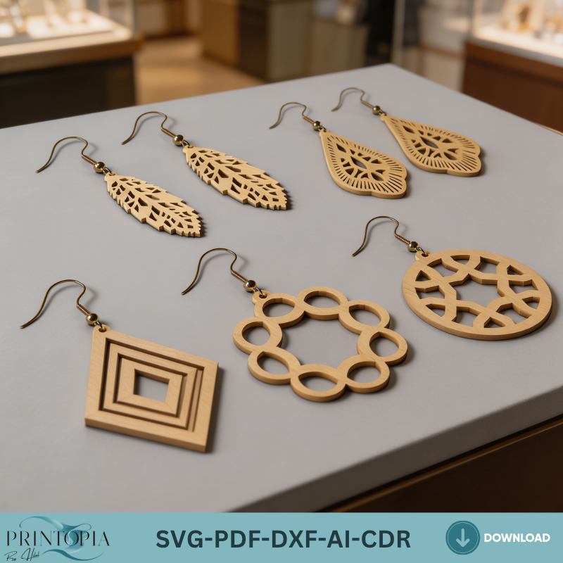 Laser Cut Earring Templates Set Wooden Jewelry Designs Dangle Teardrop Leaf Geometric Earrings