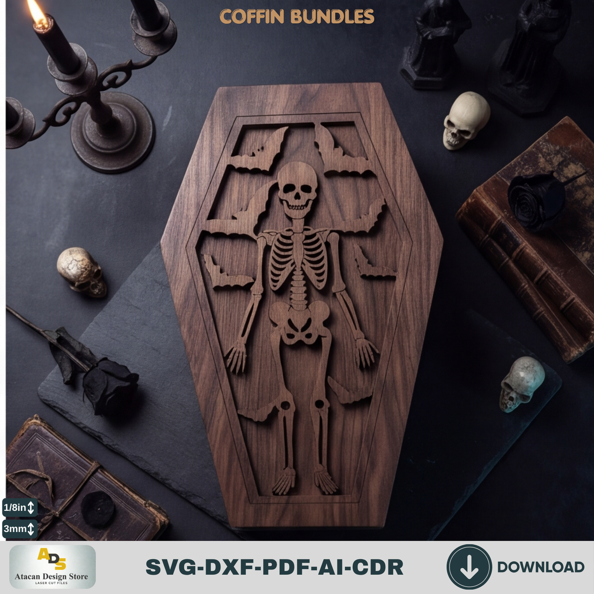 Gothic Coffin Box Laser Cut Bundle, Halloween Wooden Keepsake Casket Template, Spooky Trick or Treat 979