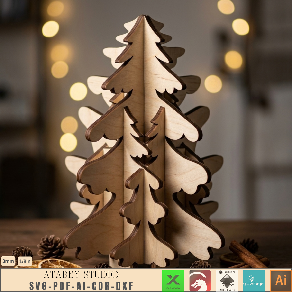 Plywood Christmas Tree Laser Cut File 3D Stand-Up Holiday Wood Decor DIY 1027