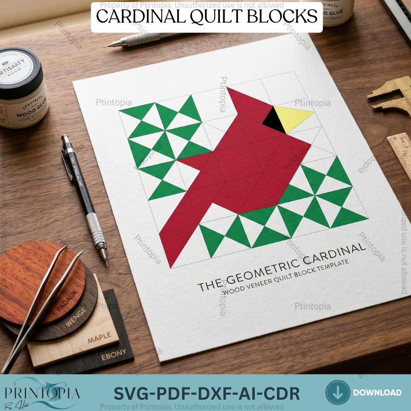 Geometric Cardinal Bird Barn Quilt Block Pattern, Rustic Wooden Wall Art Laser Cut Template 337