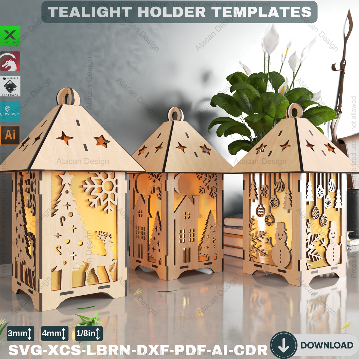 T Shape Lantern Pattern DIY Festive Tealight Lantern Templates: 7 Unique Laser Cut Files for T ...