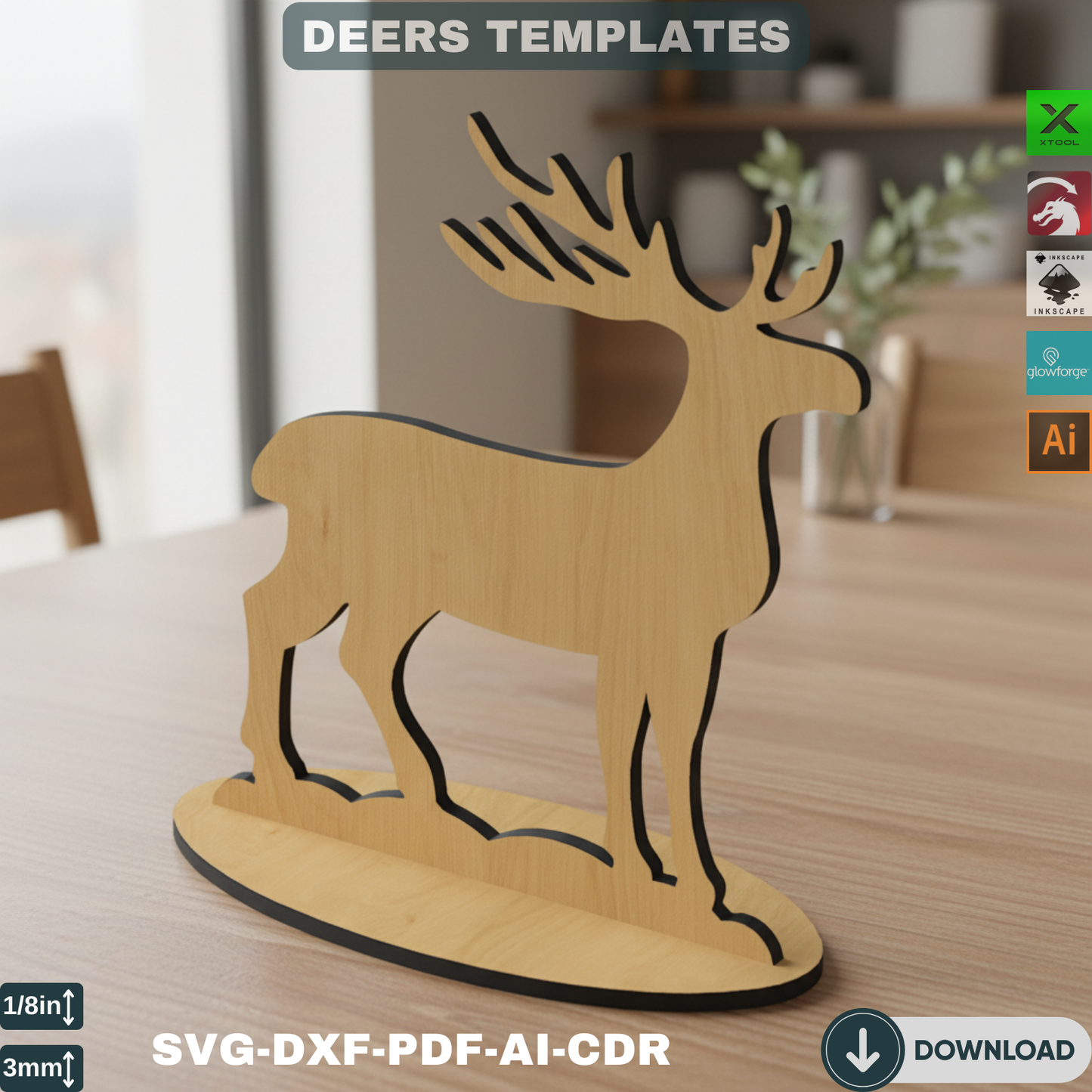 Standing Reindeer Laser Cut Template - Christmas Deer Decor SVG, DXF - DIY Wooden Holiday Craft - 4 Designs