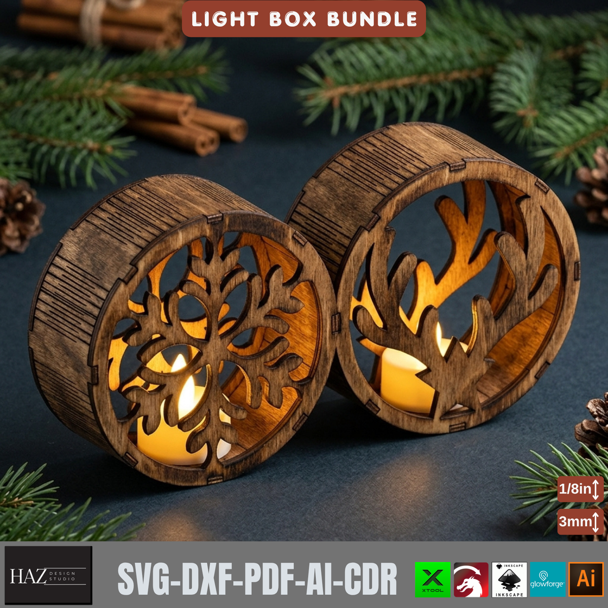 Christmas Light Box Bundle Laser Cut Vector, Wooden Tealight Lantern Template, Holiday Table Decor 578