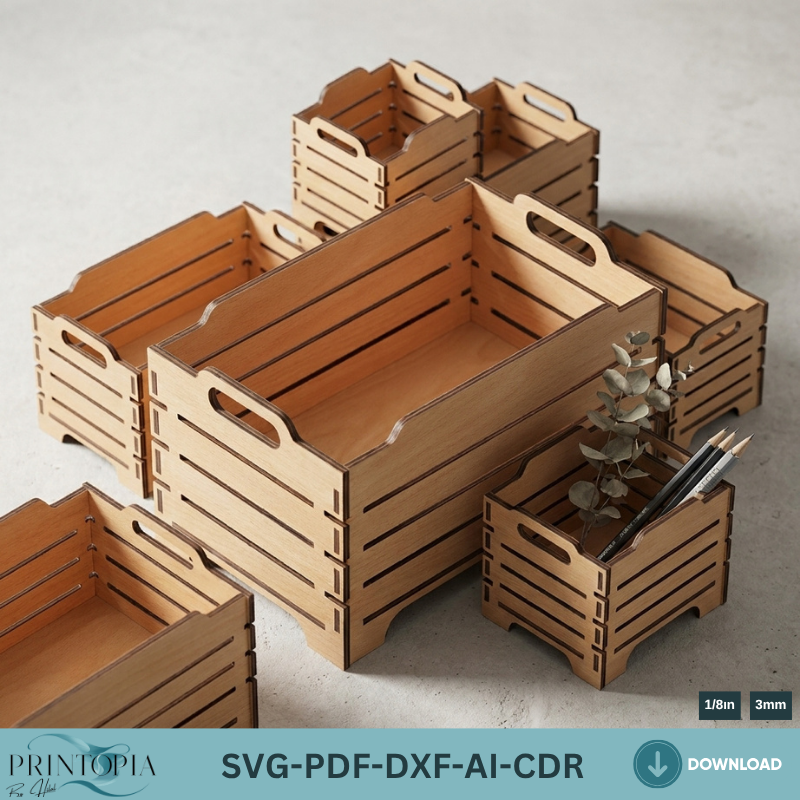 Laser Cut Vector Storage Boxes | Stackable Wooden Crates for Home and Office Organization