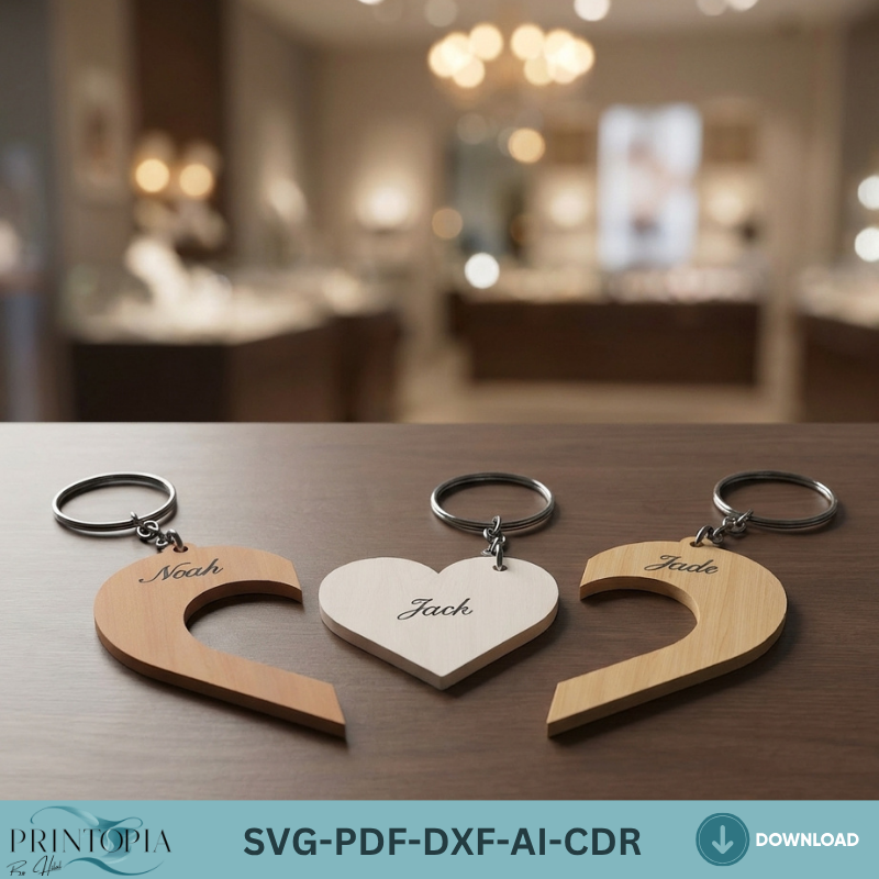 Family Puzzle Heart Keychain Laser Cut File Personalized Wooden Keychain Template Custom Anniversary Gift